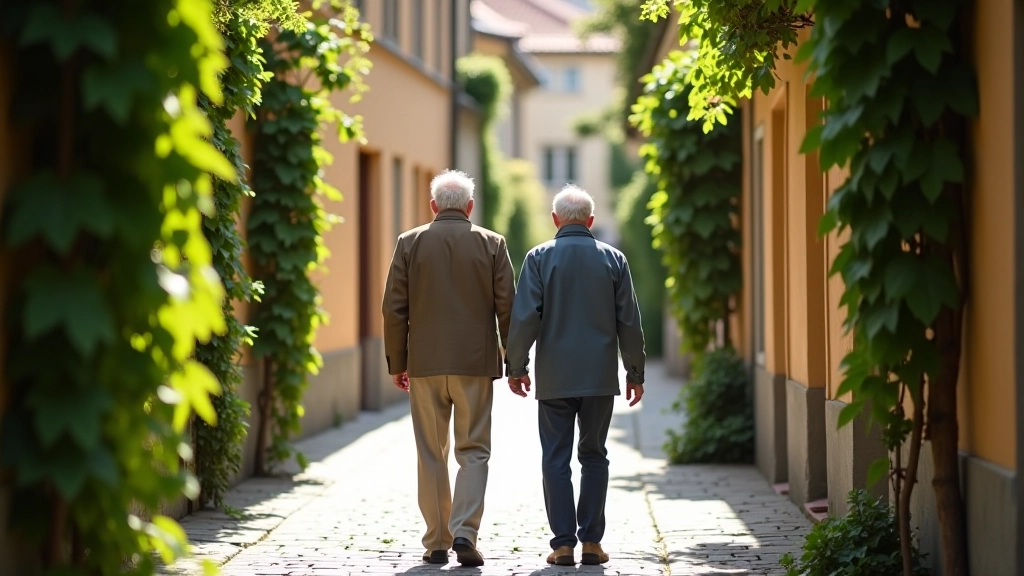 Senioru pāris pastaigā pa zaļu Vecrīgas ielu, soliņi redzami aizmugurē