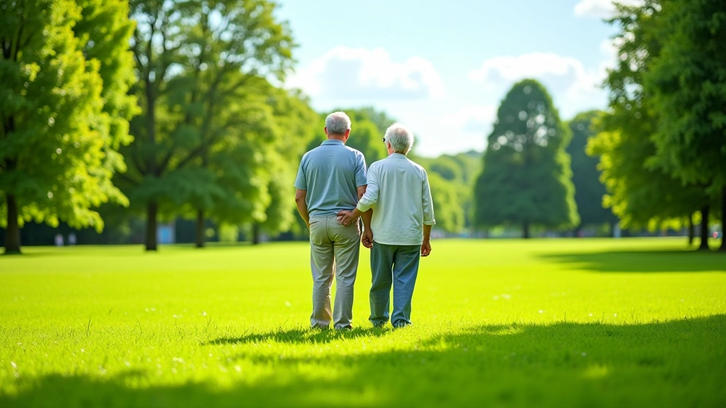 Pāra seniori stāv Kronvalda parkā, apkārt plašas zaļas pļavas un koki